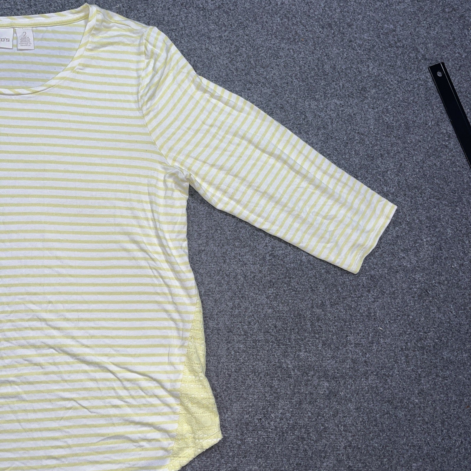 Chico’s Women’s Shirt  Size 2 Yellow Sheer Striped 3/4 Sleeve