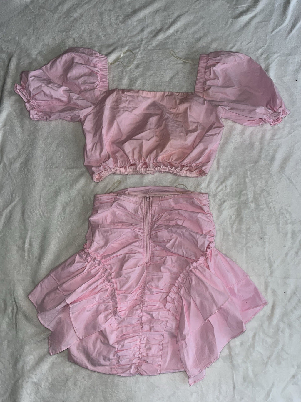 puff sleeve ruffle mini skirt set small Women’s Scoop Neck Pull On 