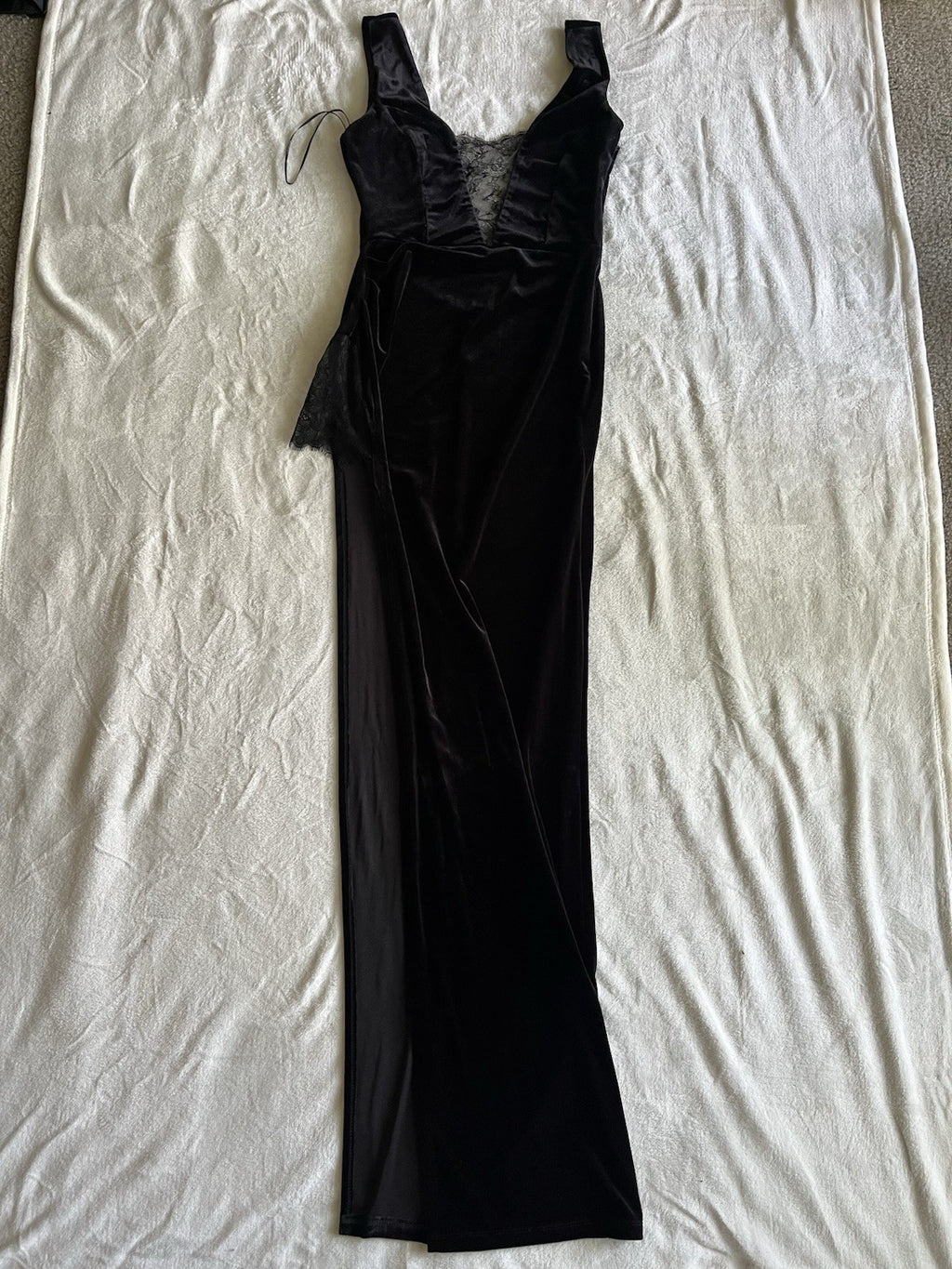 Women’s Black Midi Dress Velour M Slit V Neck 
