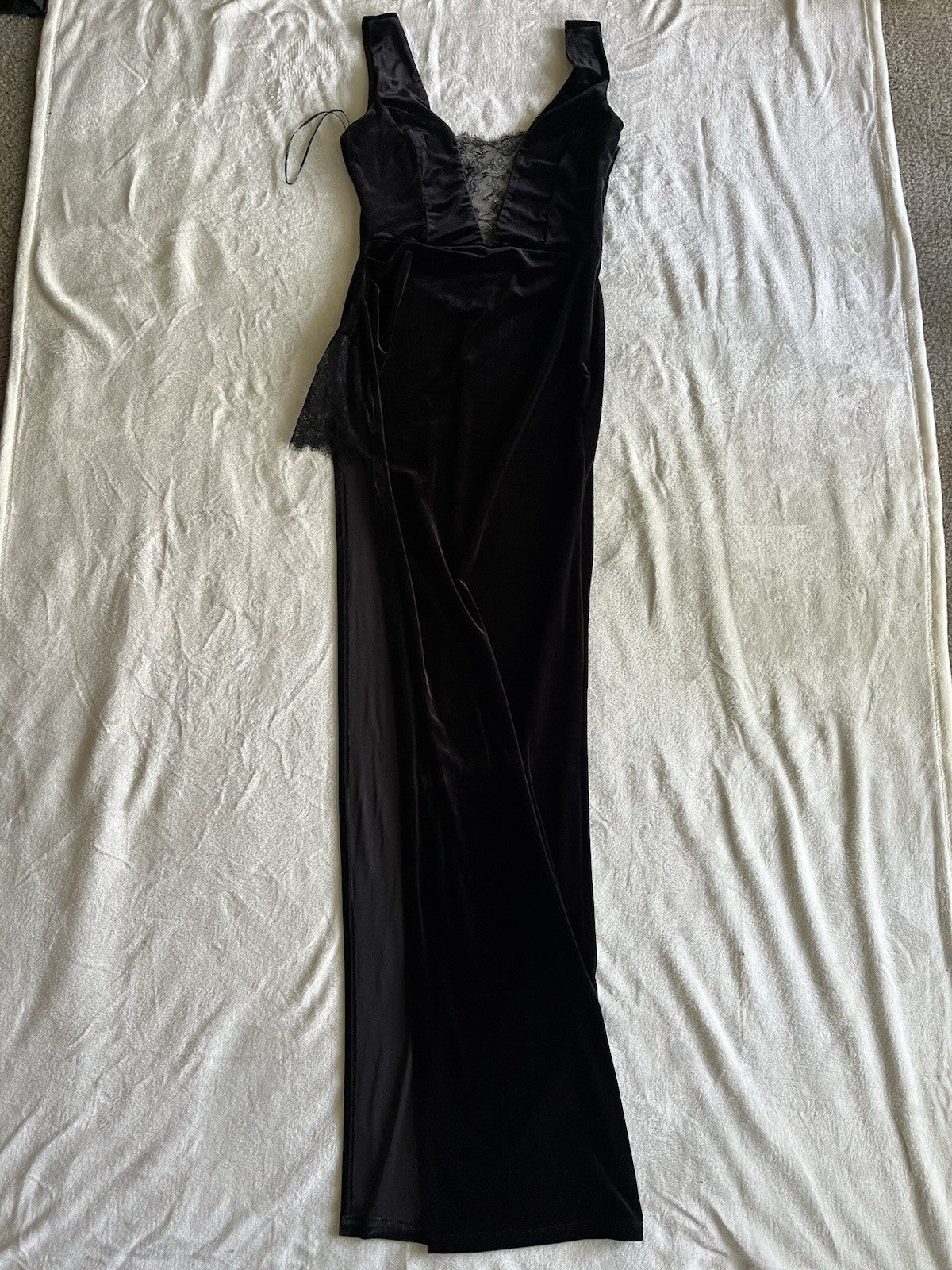 Women’s Black Midi Dress Velour M Slit V Neck 