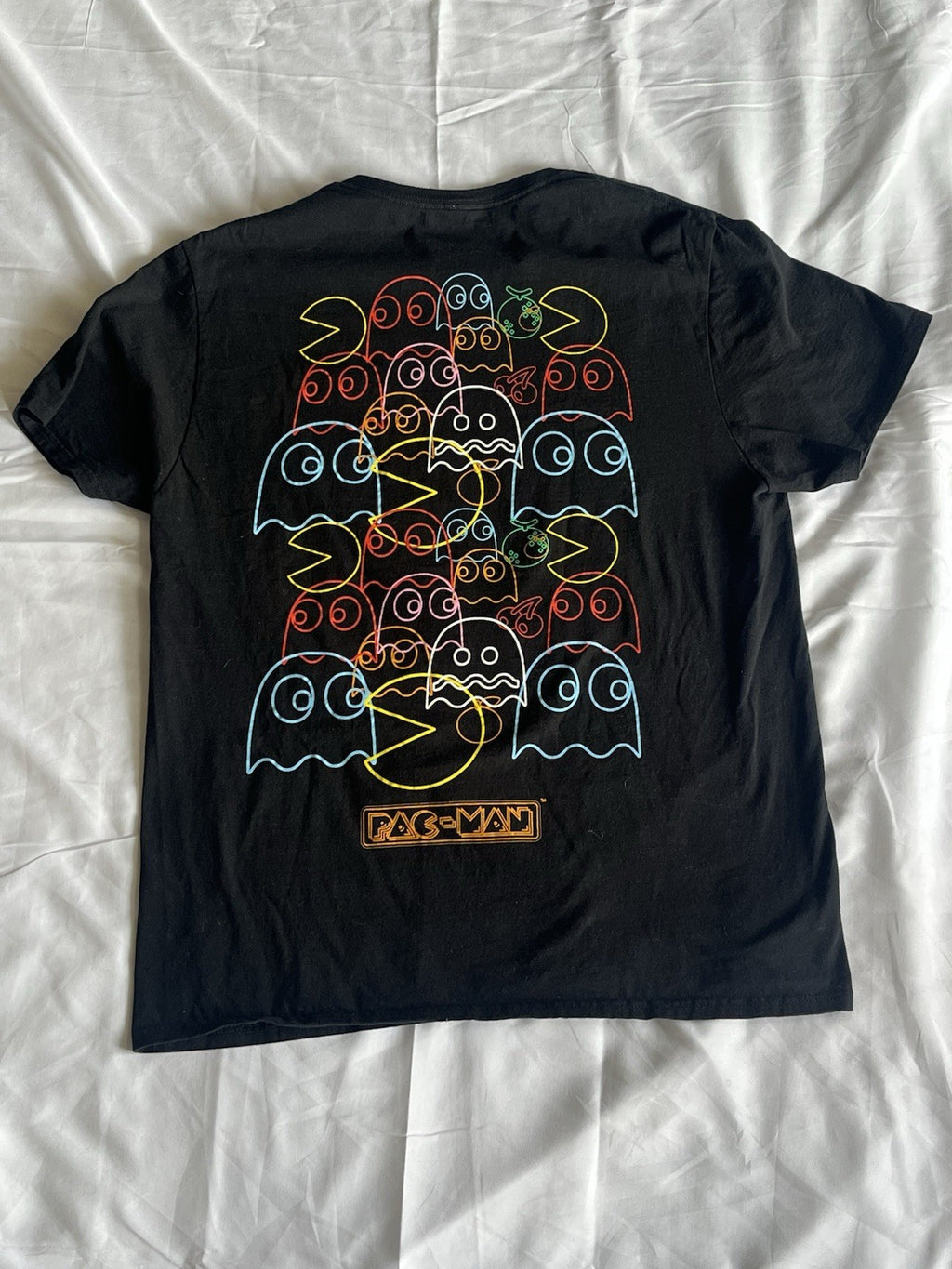 Pac Man Graphic T Shirt Men’s Size Large Black Ghosts On Back 