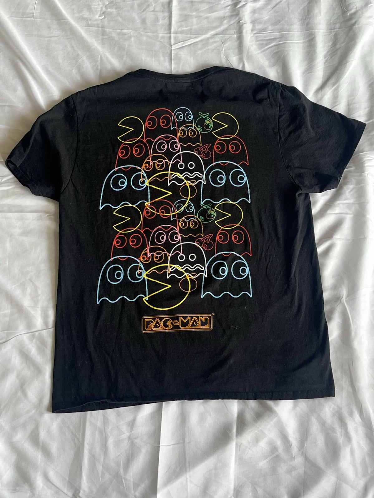 Pac Man Graphic T Shirt Men’s Size Large Black Ghosts On Back 