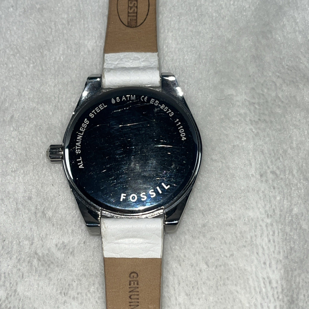 Ladies FOSSIL Starburst Dial, All Stainless Steel Watch, White Leather, ES2573