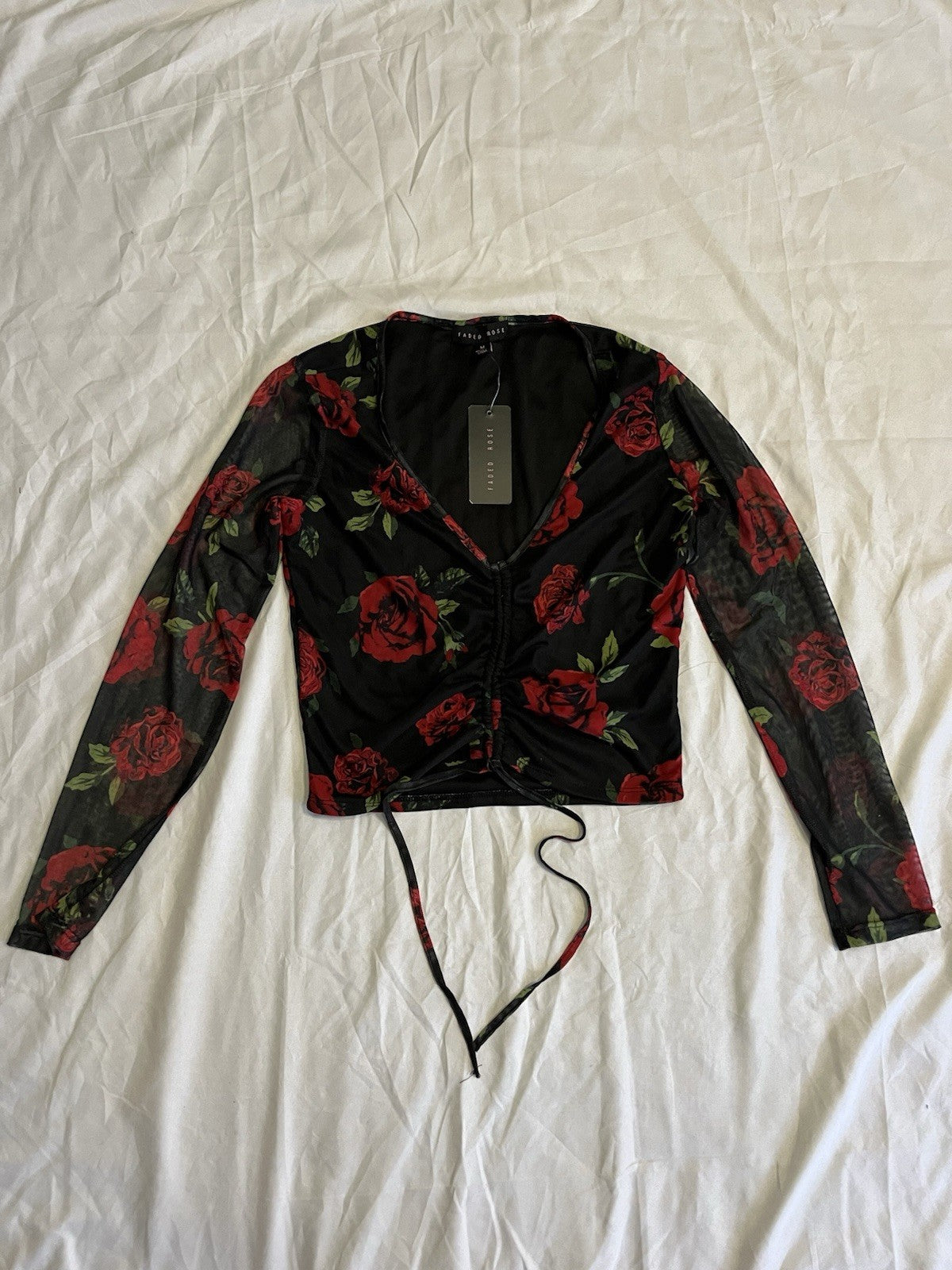 Faded Rose 2 Piece Skirt Set Black Red Rose Design Medium V Neck 
