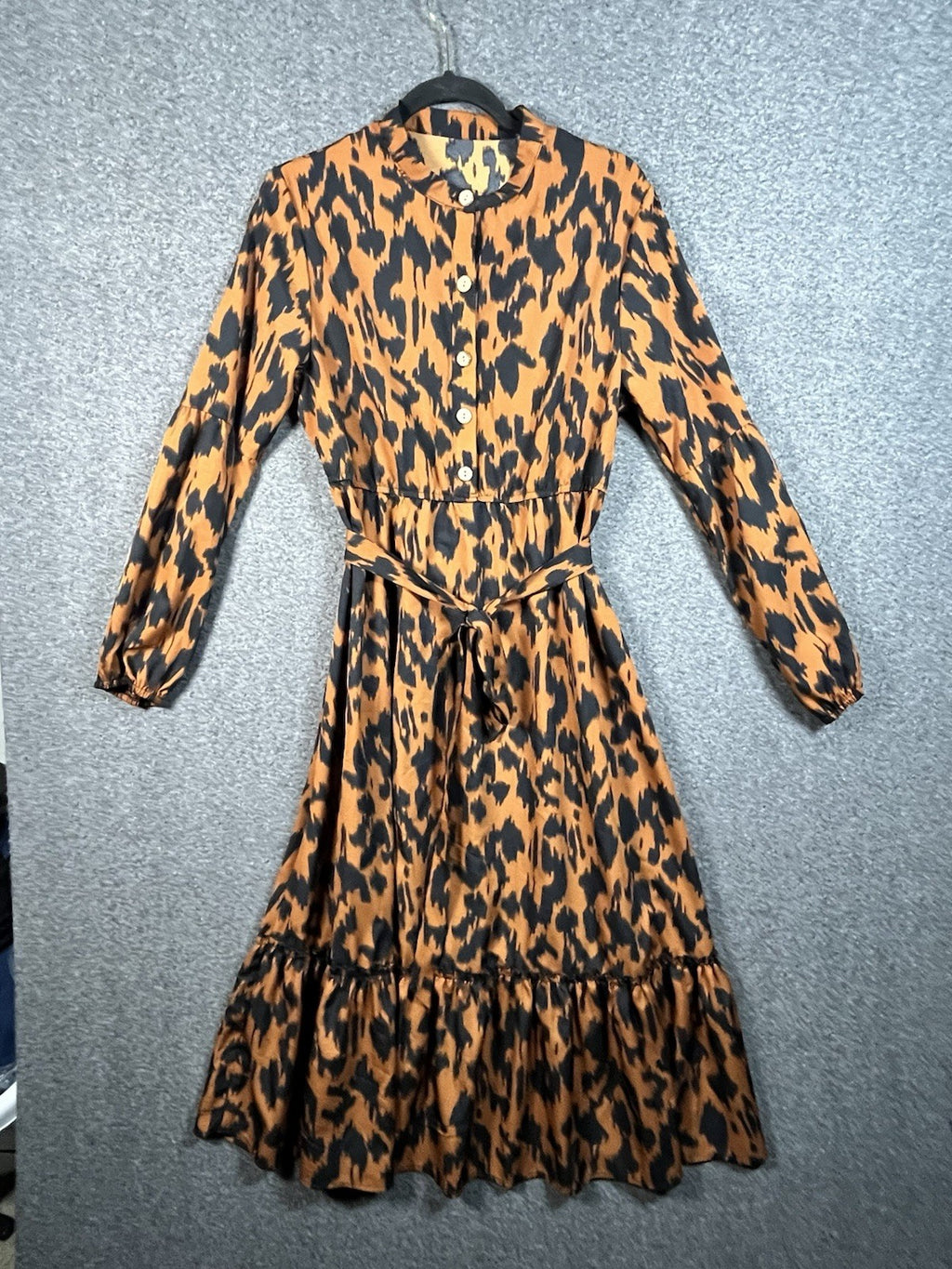 Shein allover print lantern sleeve ruffle hem belted dress Medium 