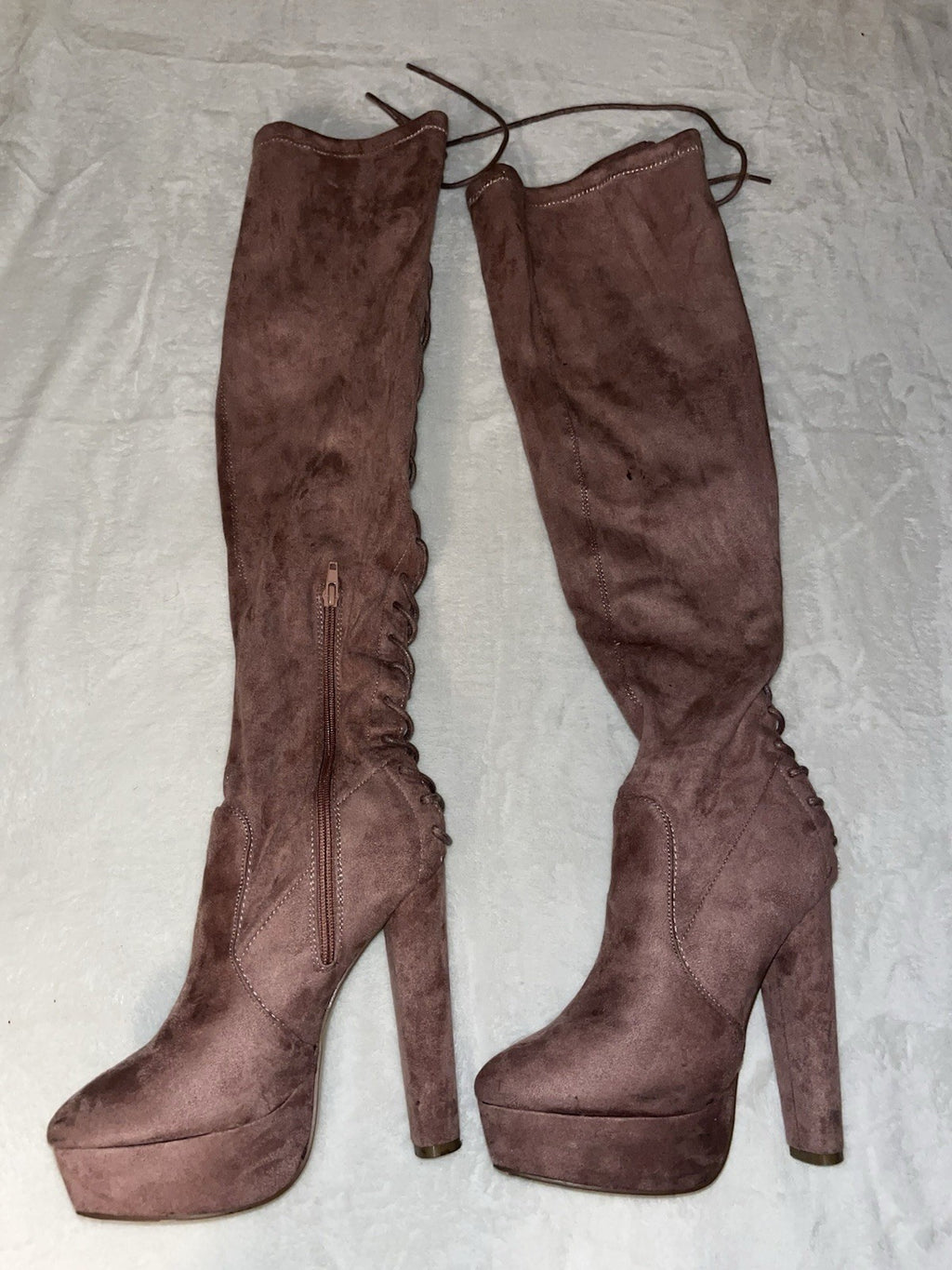 Rose Pink Faux Suede Over the knee Platform Boots Lace Back Size 8
