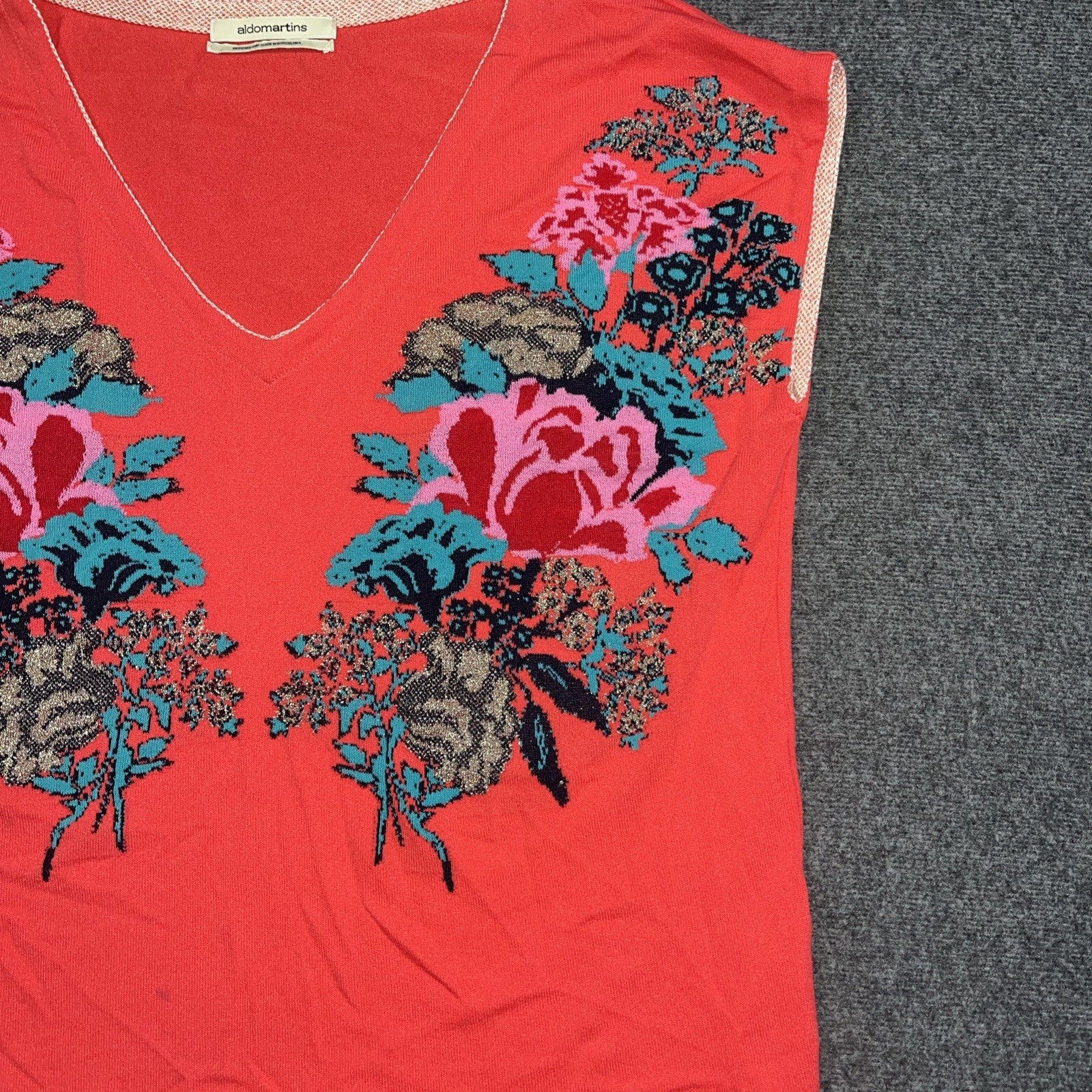 Women’s Aldo Martins Floral Knit Sweater SizeL- XL Coral Red Wool Blend
