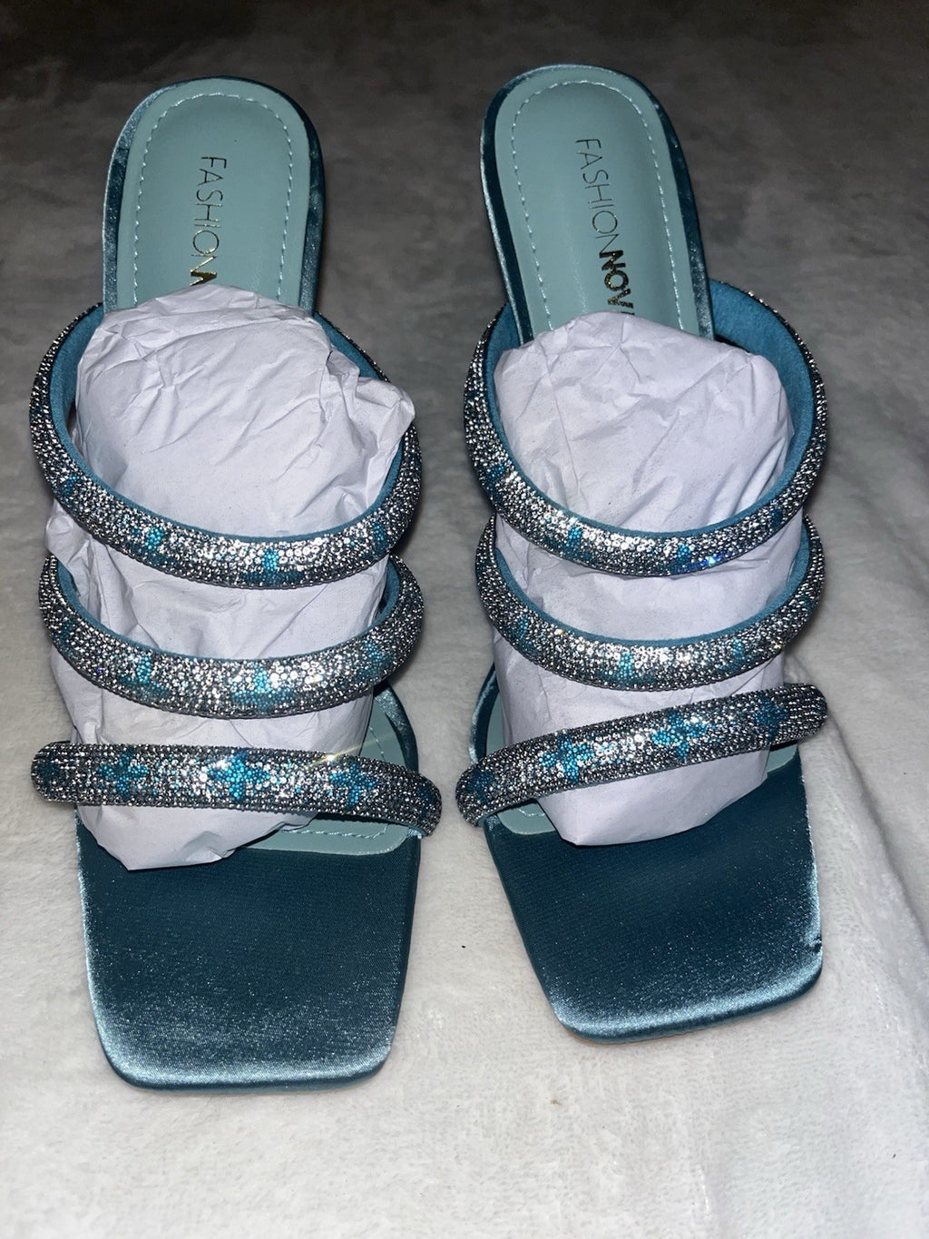 Fashion Nova Rhinestone Crystal Strappy Slip On High Heel Sandals Blue 8 Womens 