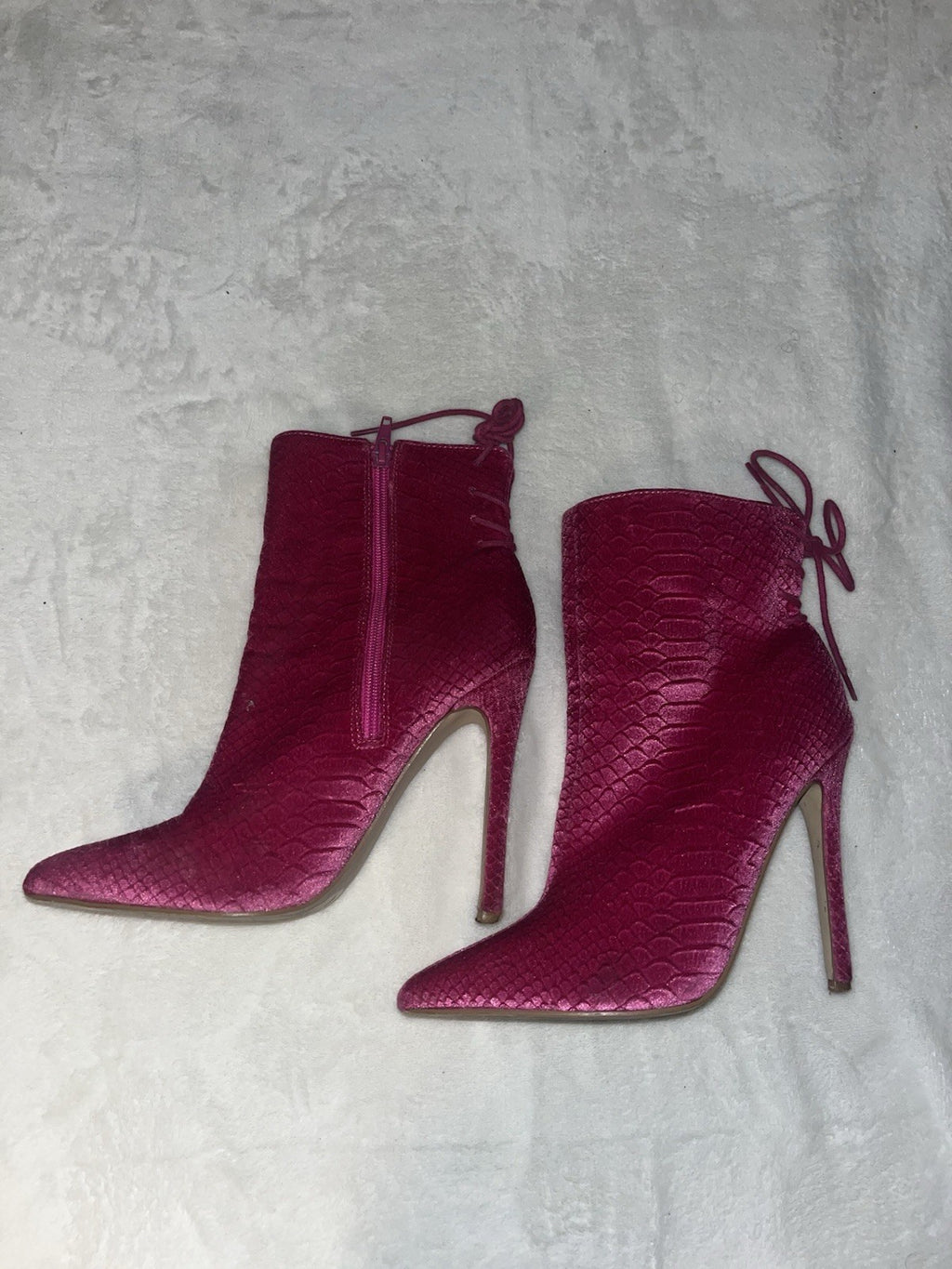 Georgia Pointed Toe Pink Booties Snake Print Platform Heel Women Lace Back 7.5 