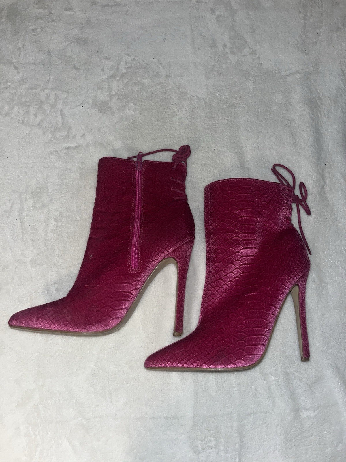 Georgia Pointed Toe Pink Booties Snake Print Platform Heel Women Lace Back 7.5 
