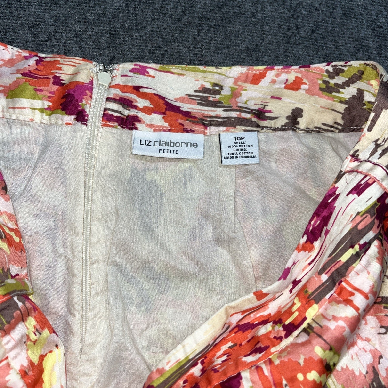 LIZ CLAIBORNE Watercolor Floral COTTON TWILL Pocket BACK-ZIP A-Line Skirt Sz 10p