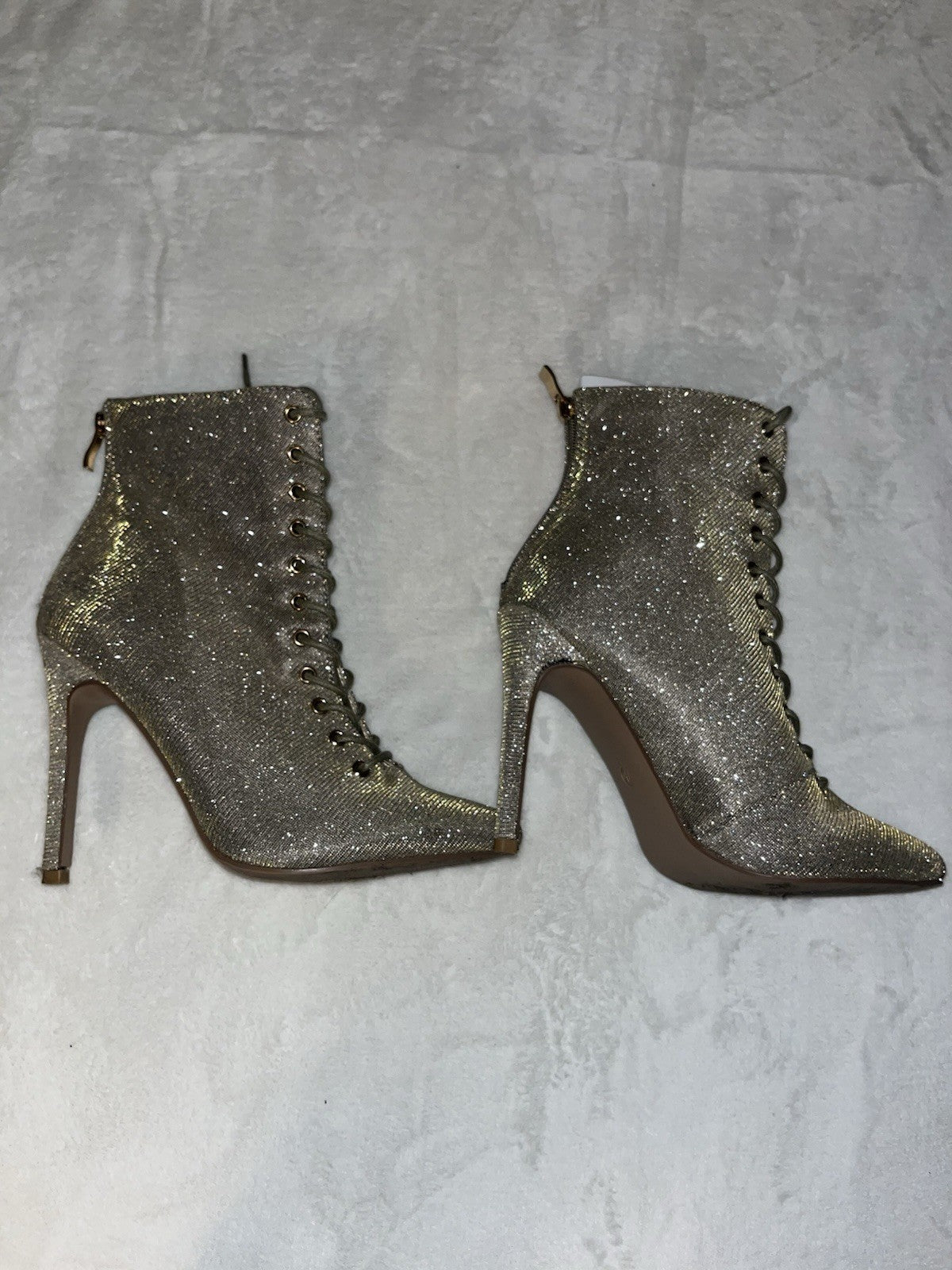 NEW Shoe Dazzle Gold/Silver sparkle booties High Stiletto Heel Lace Up Size 7.5