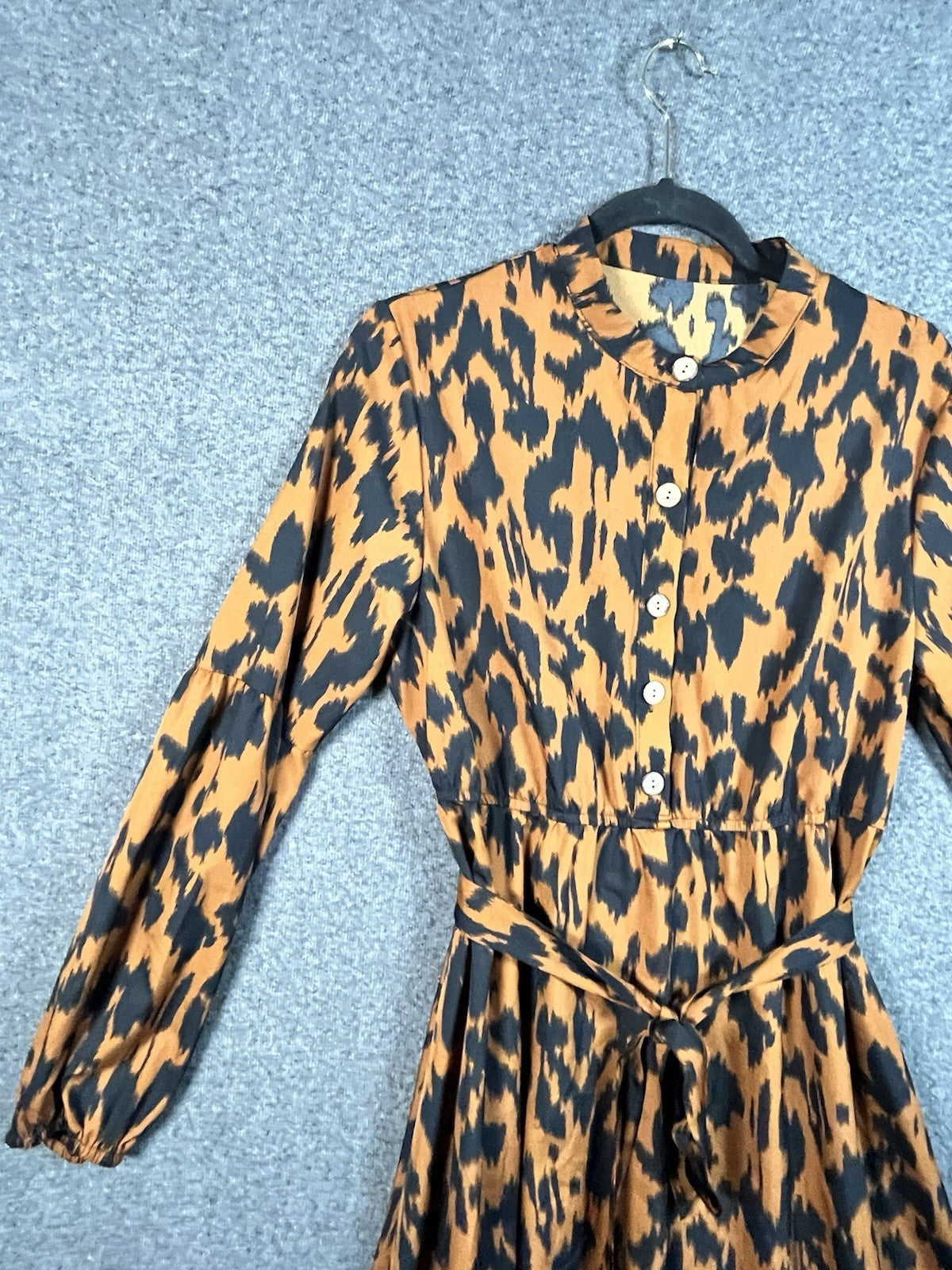 Shein allover print lantern sleeve ruffle hem belted dress Medium 