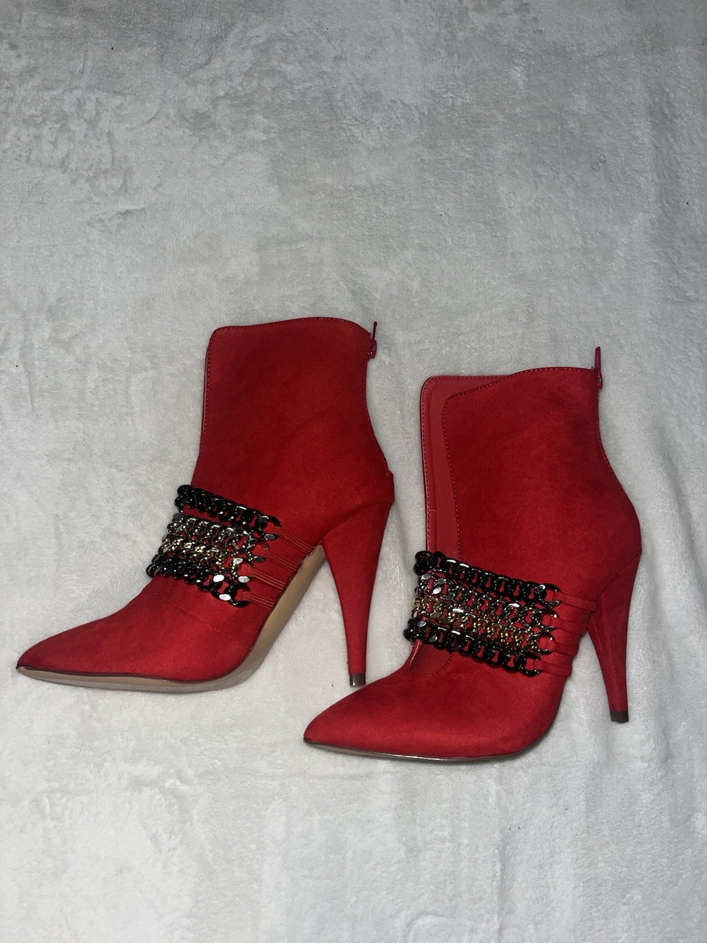 Red Pointed Heels Gold Black Chains Slip Ons Suede Size 6 Womens 