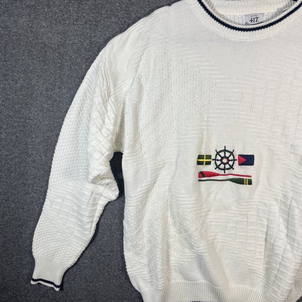 vintage nautical sweaters mens White long sleeve knitted crew neck extra large 