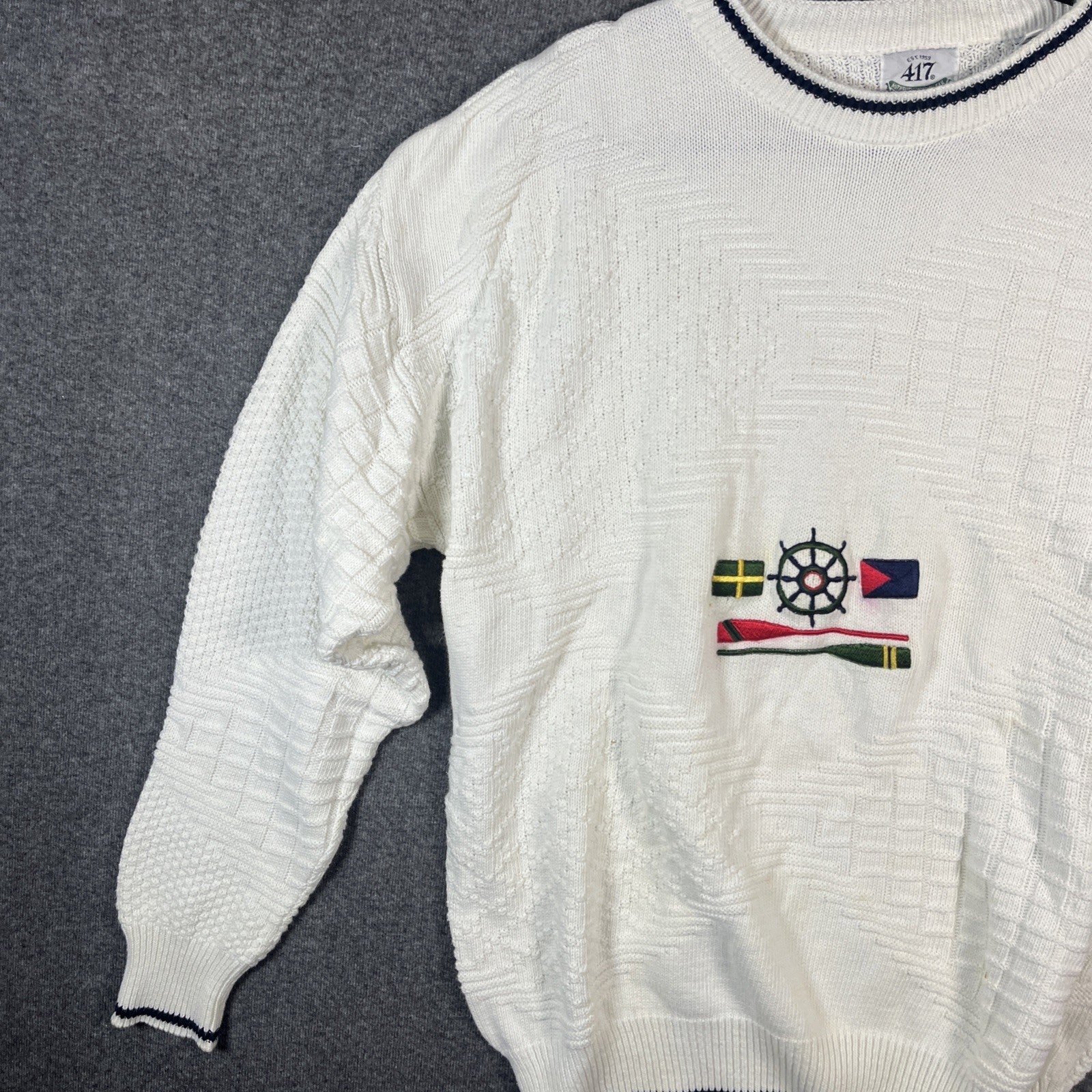 vintage nautical sweaters mens White long sleeve knitted crew neck extra large 