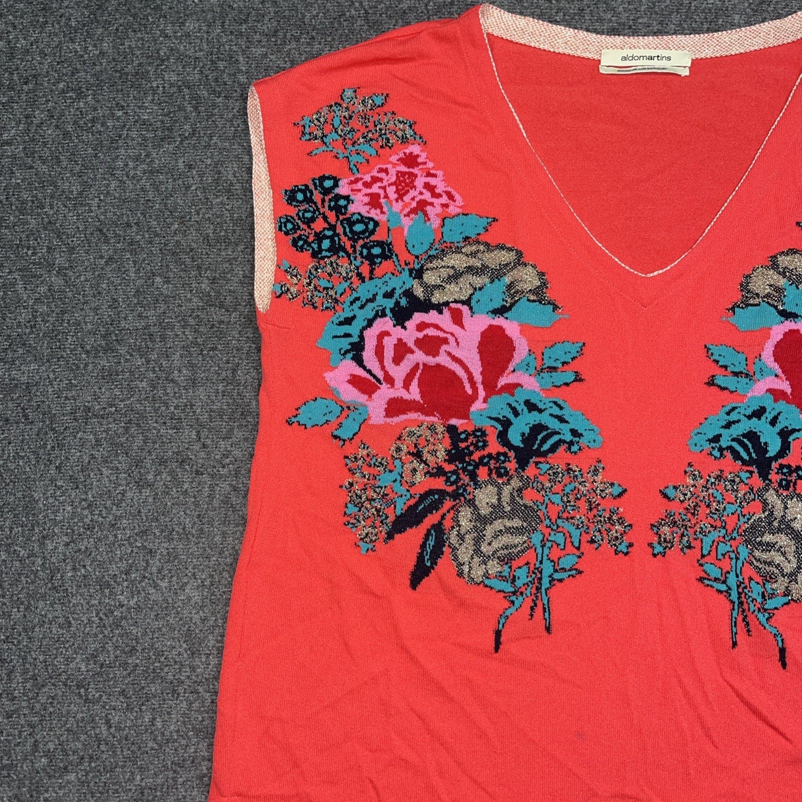 Women’s Aldo Martins Floral Knit Sweater SizeL- XL Coral Red Wool Blend