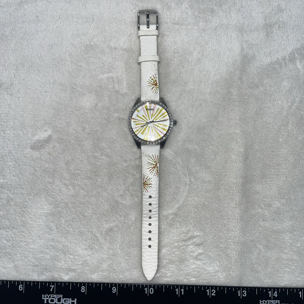 Ladies FOSSIL Starburst Dial, All Stainless Steel Watch, White Leather, ES2573