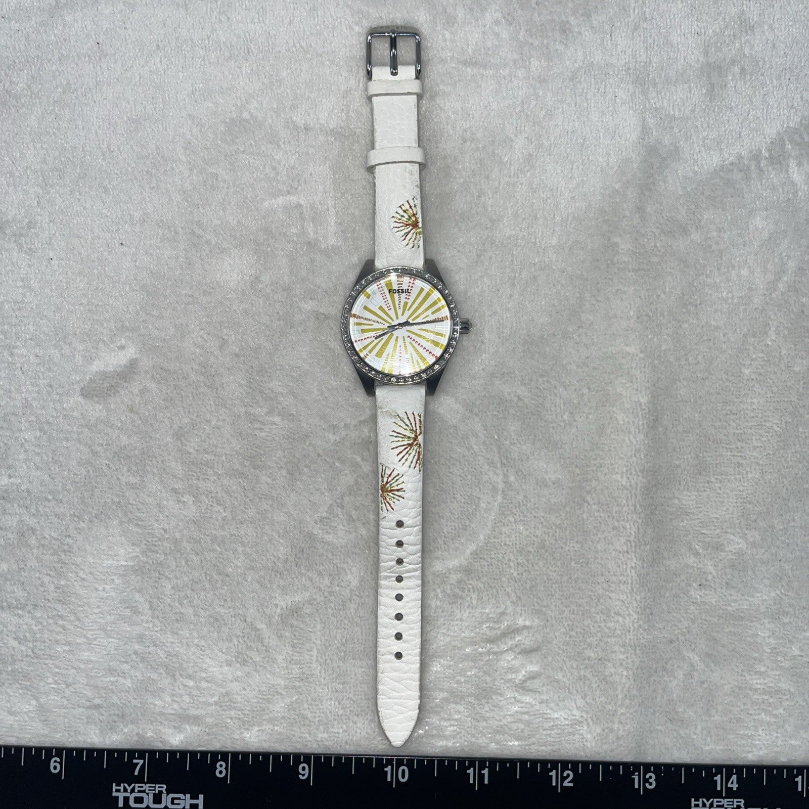 Ladies FOSSIL Starburst Dial, All Stainless Steel Watch, White Leather, ES2573