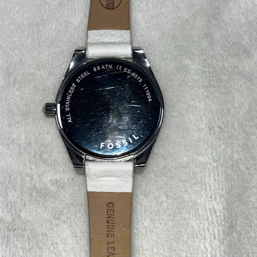Ladies FOSSIL Starburst Dial, All Stainless Steel Watch, White Leather, ES2573