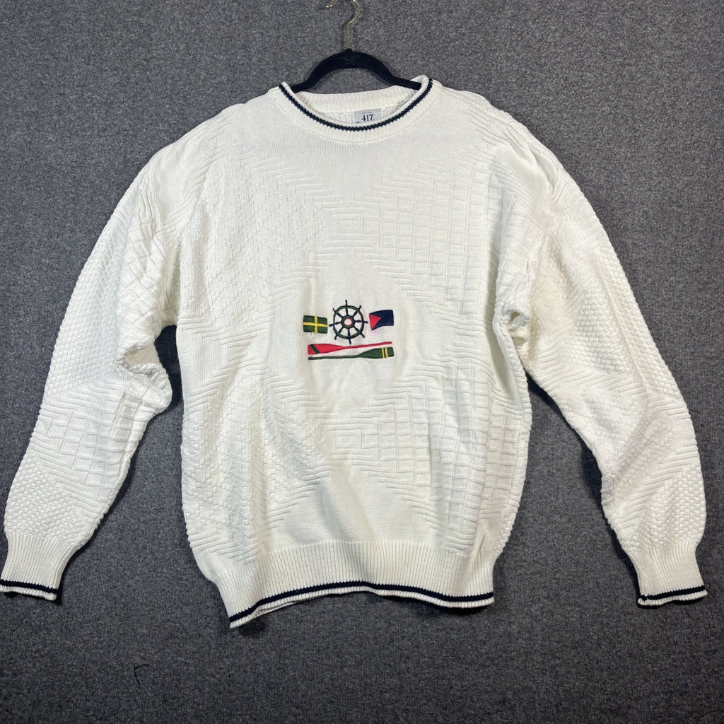 vintage nautical sweaters mens White long sleeve knitted crew neck extra large 