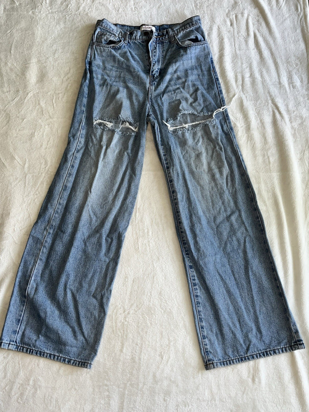 Vibrant Jeans For Women Blue Denim Ripped Thighs M Loose Fit Waist 27