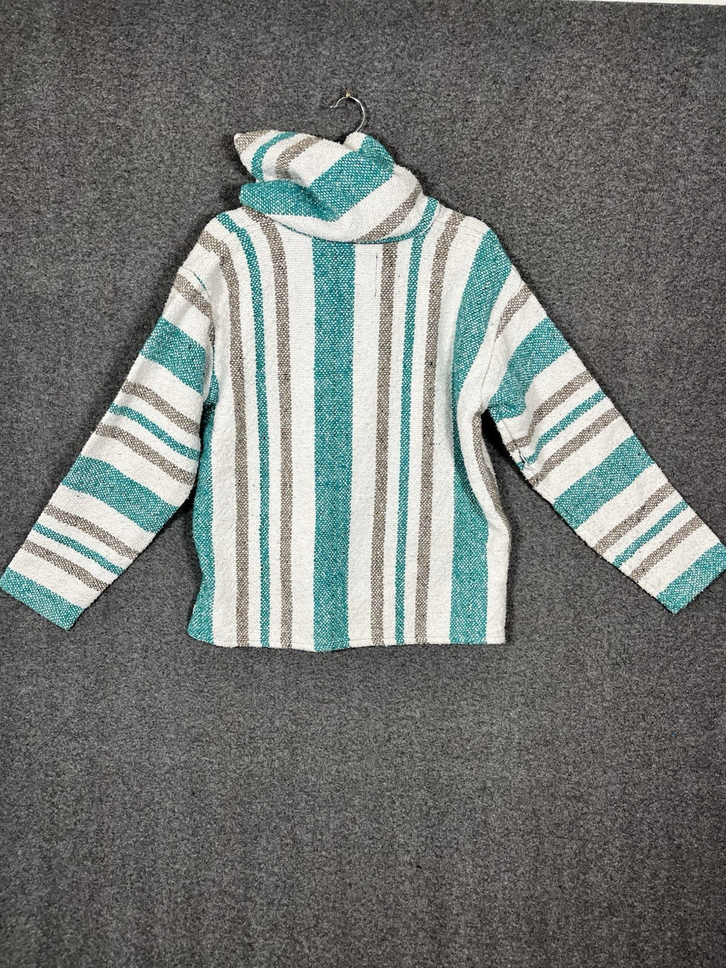 Iguana Jack Mens Baja Hoodie Size Medium Green Pullover Hooded Striped Sweater