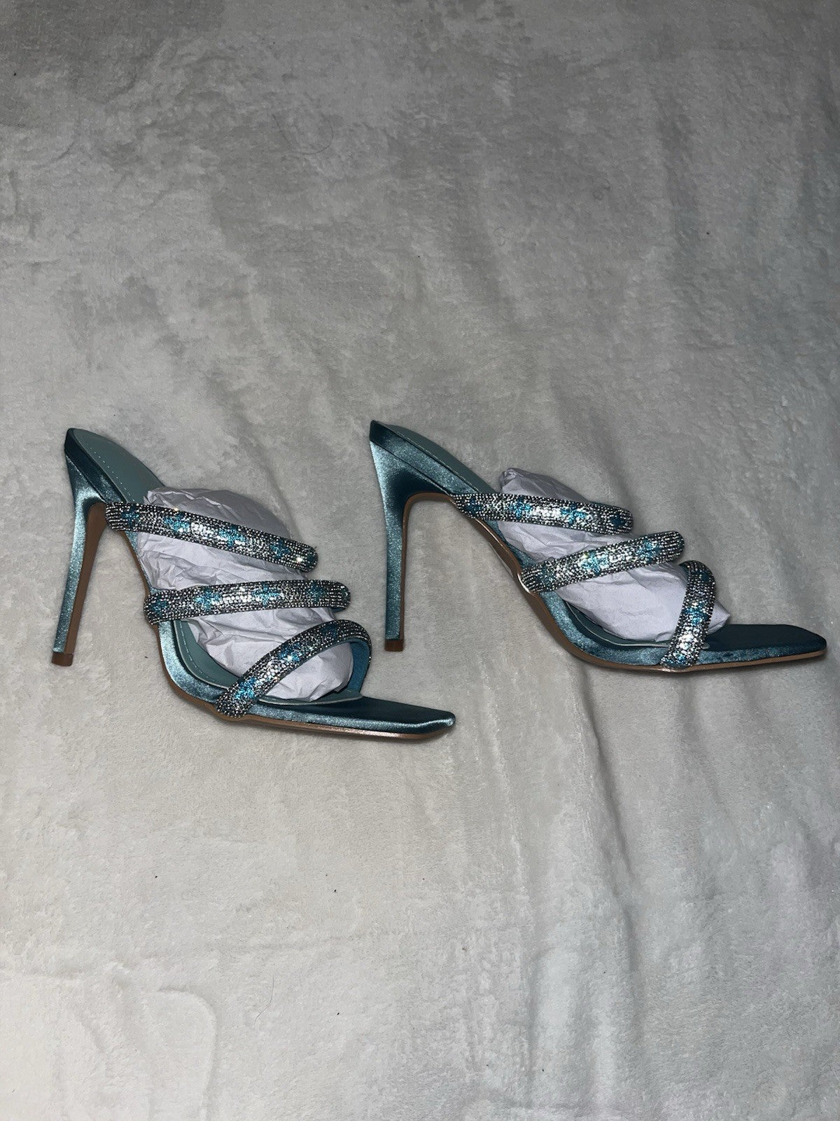 Fashion Nova Rhinestone Crystal Strappy Slip On High Heel Sandals Blue 8 Womens 
