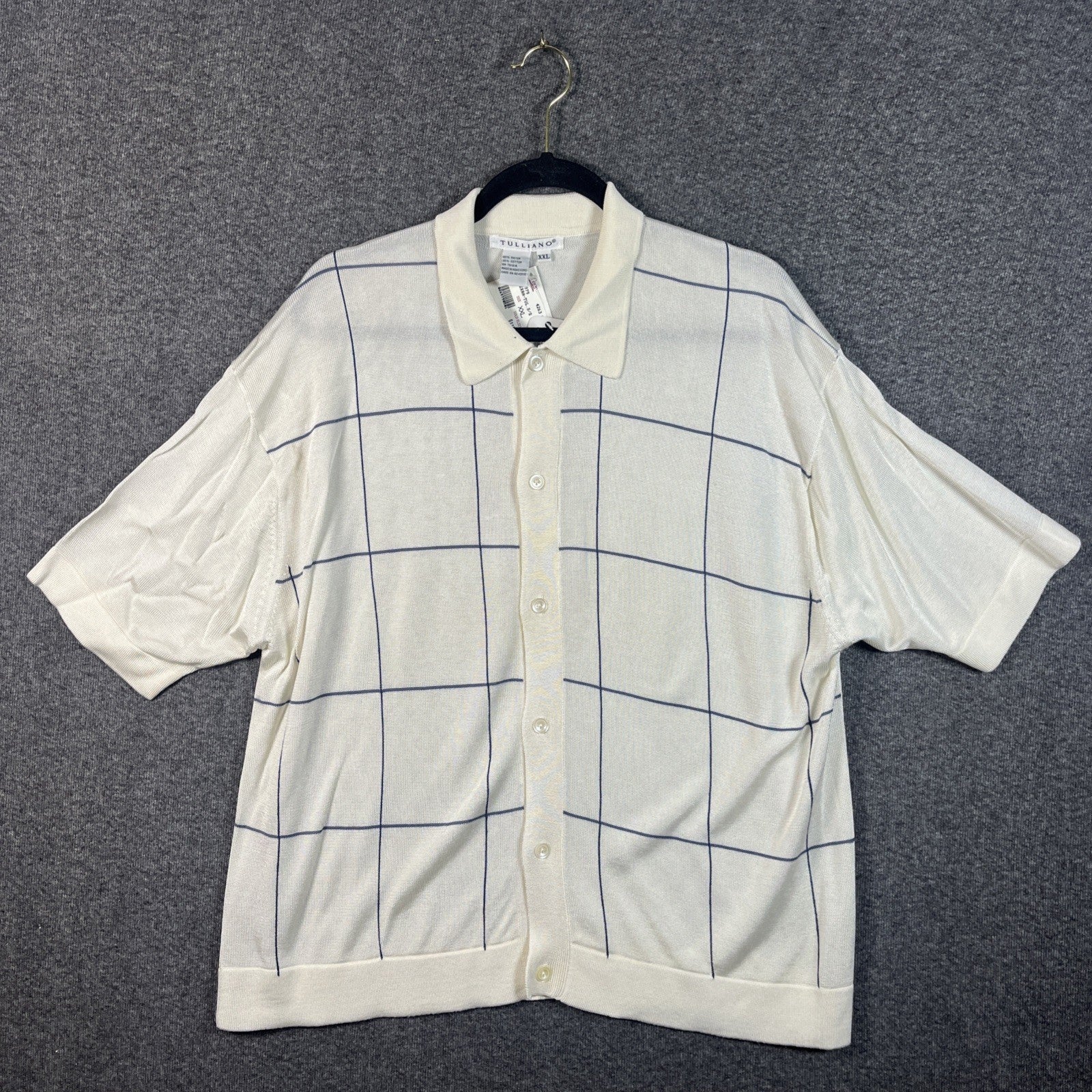 Tulliano Men's Short-Sleeve Knit Polo Shirt XXL NWTs Grid Design Rayon Cotton 