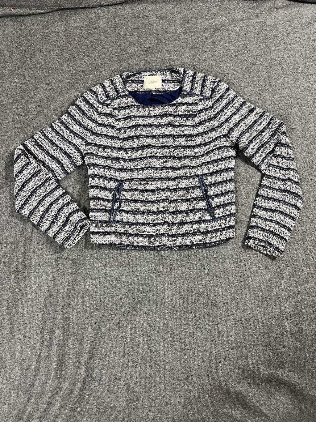 Ann Taylor Loft Blue Two Tone Striped Zip Front Blazer Jacket Collarless Size 2