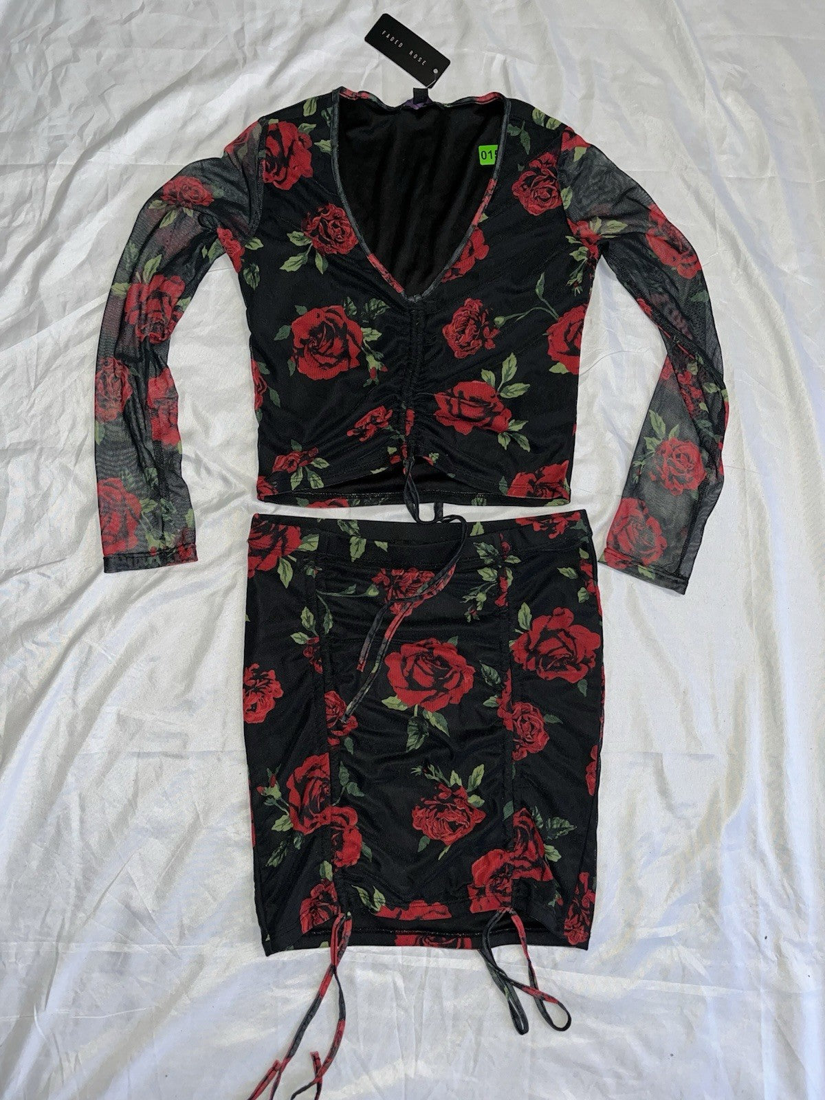 Faded Rose 2 Piece Skirt Set Black Red Rose Design Medium V Neck 