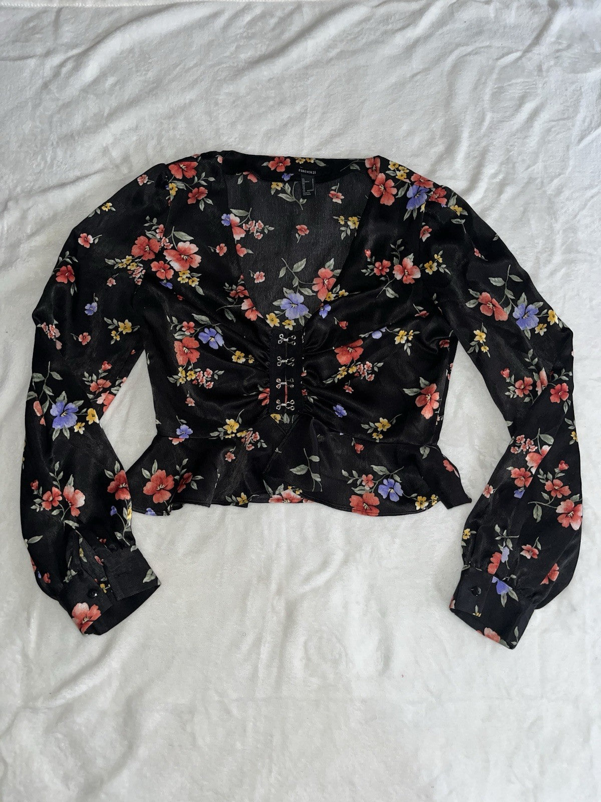 Forever 21 Black Floral Long Sleeve Corset Ruffle Crop Top Blouse Size Small