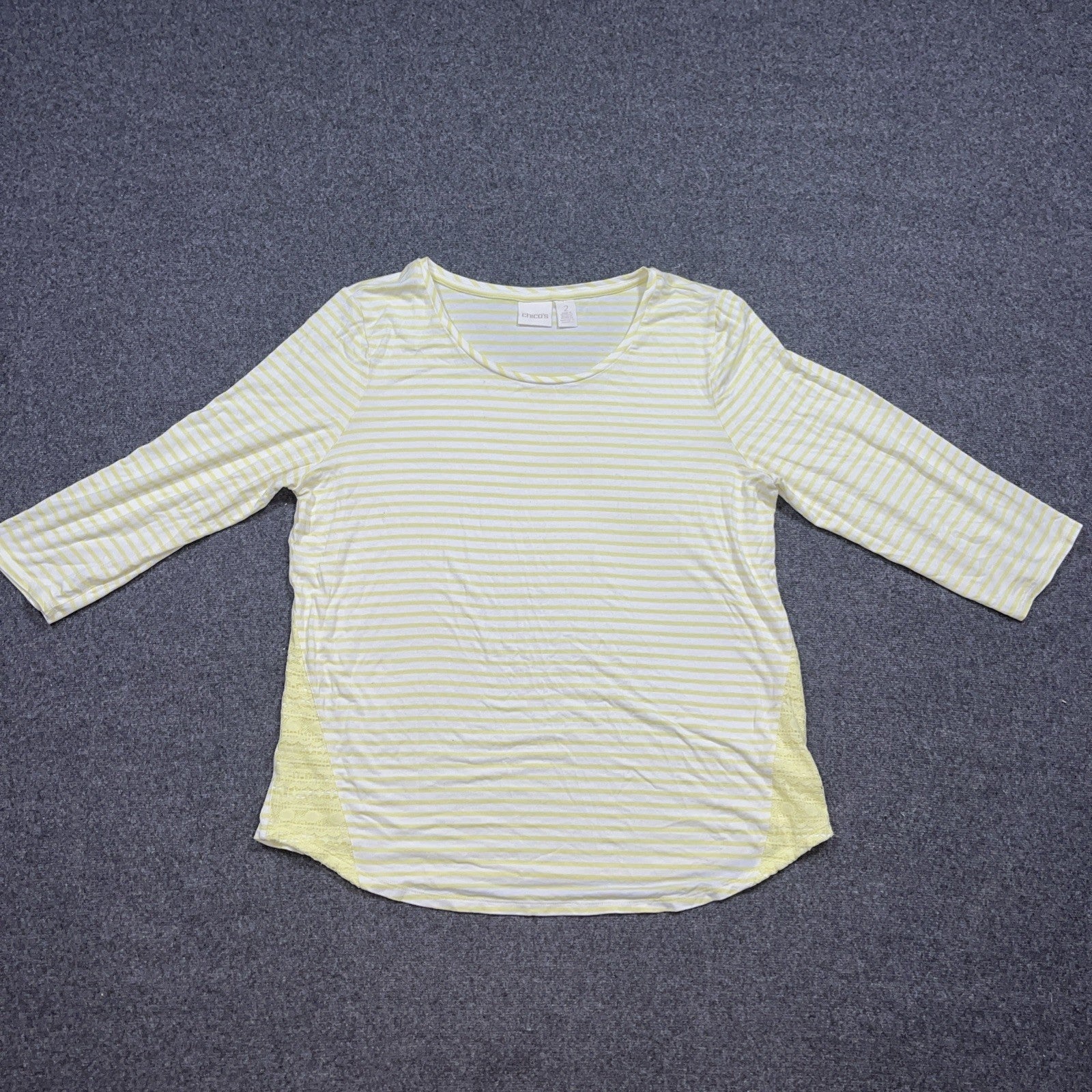 Chico’s Women’s Shirt  Size 2 Yellow Sheer Striped 3/4 Sleeve