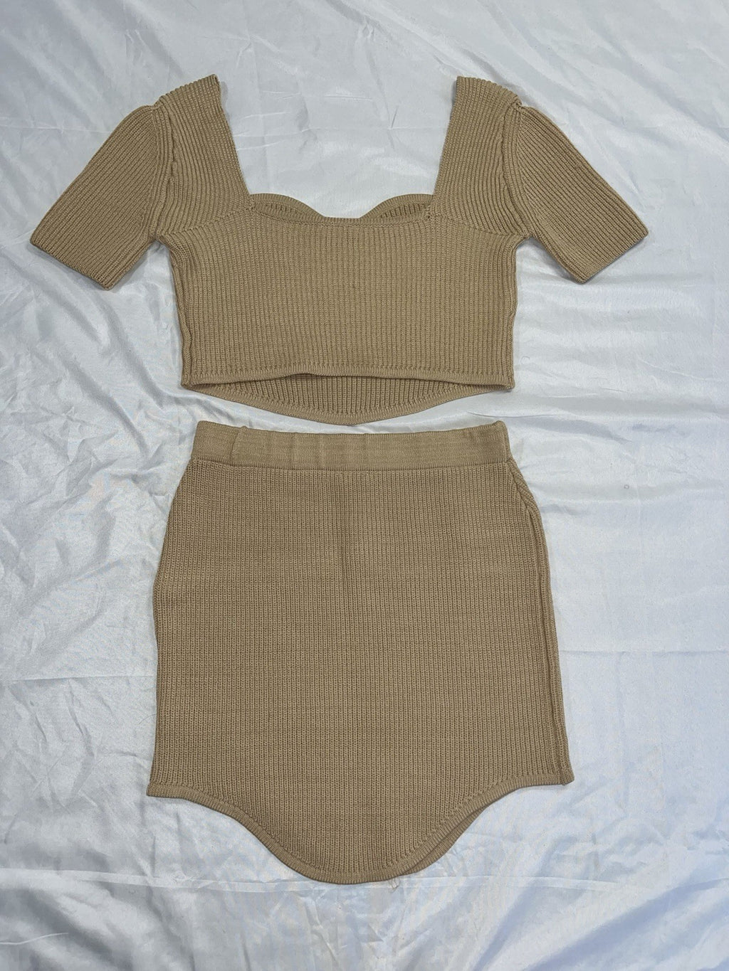 🆕Very Sexy Coffee Brown Tan Knit Crop Top & Mini Skirt Two Piece Set~Size M