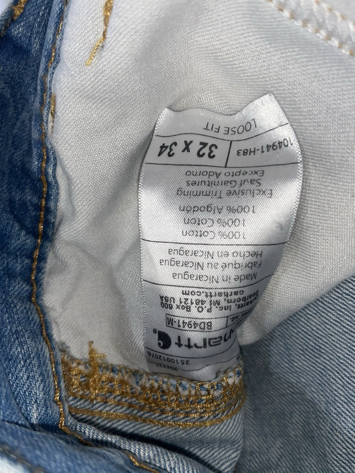 Carhartt Jeans Men's 32X34 Loose Fit Straight Leg Dark Wash Blue Denim BD4941-M