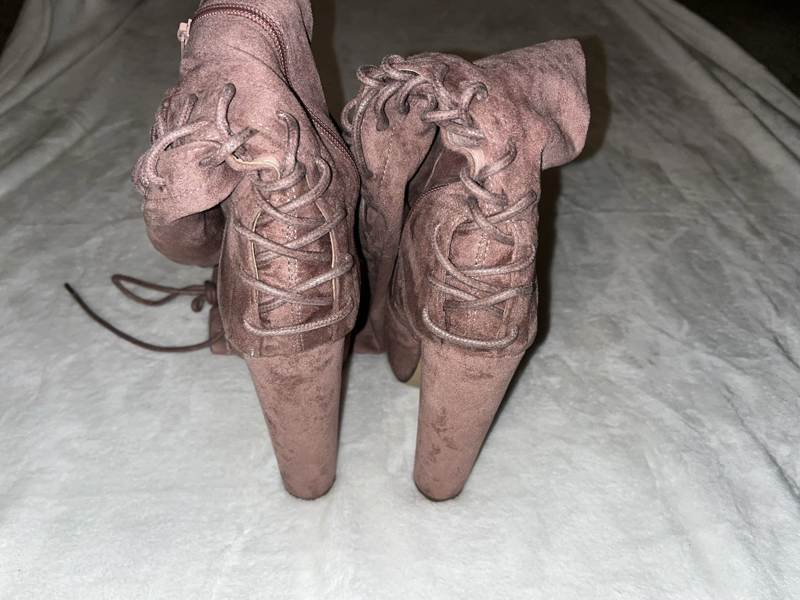 Rose Pink Faux Suede Over the knee Platform Boots Lace Back Size 8