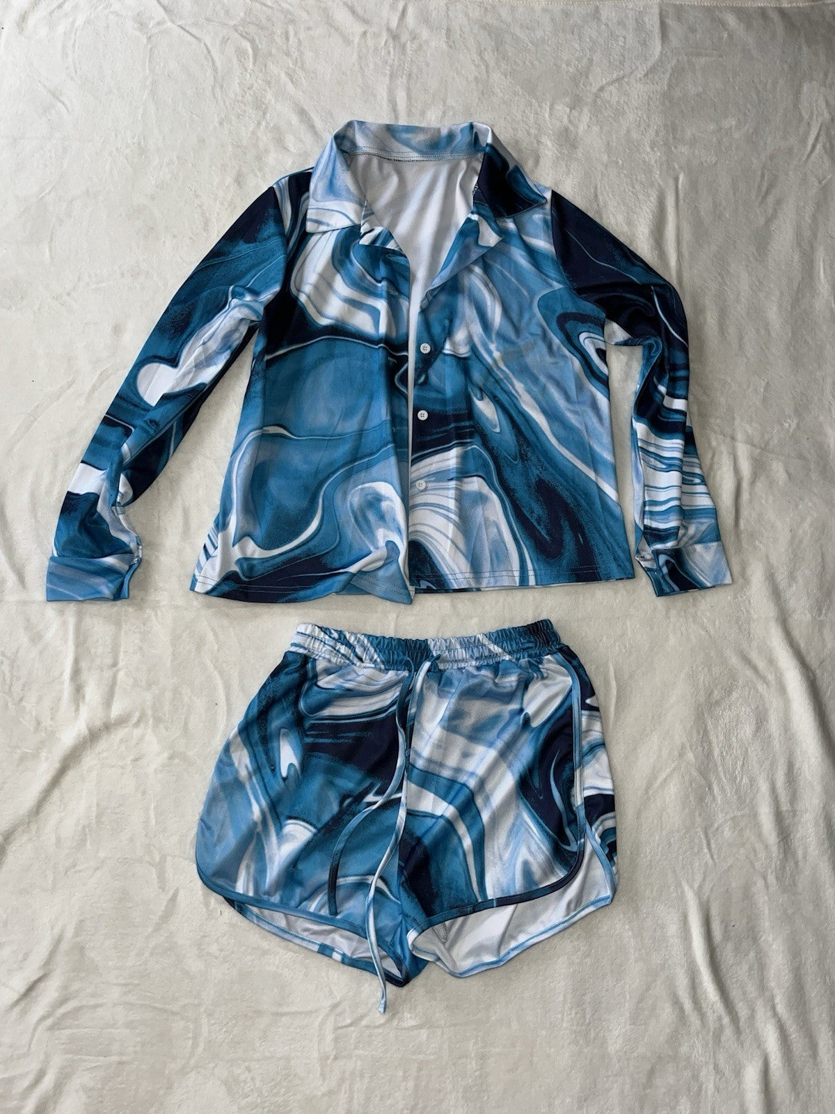 Women’s Blue Marble Short Set Long Sleeve Shirt Size Small Polyester 