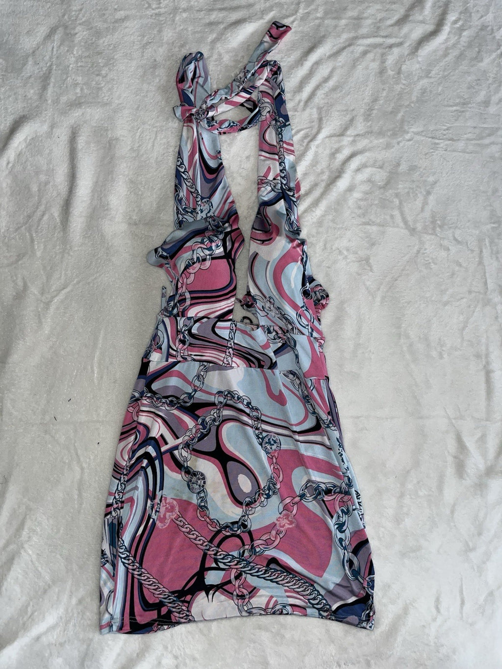 Womens Halter Tie neck Dress Chain Designs Pink Blue Small Knee Length Open Back