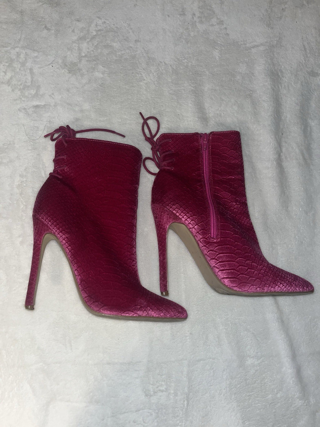 Georgia Pointed Toe Pink Booties Snake Print Platform Heel Women Lace Back 7.5 