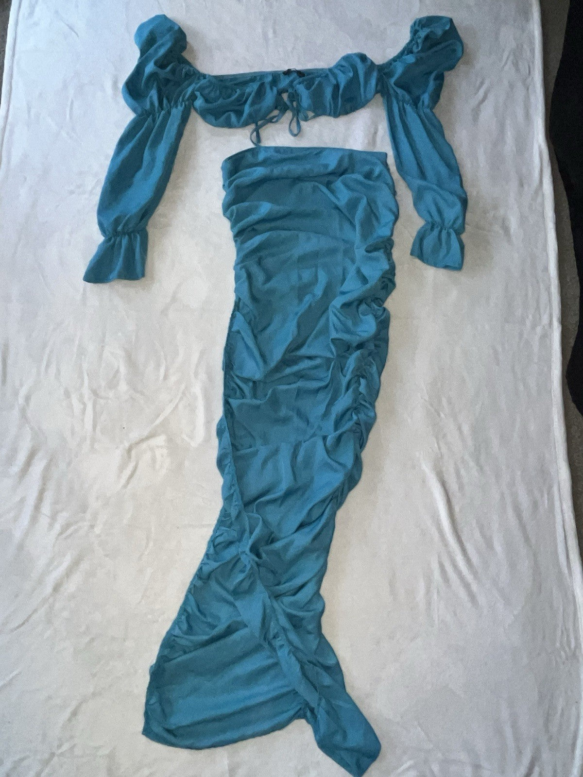 Women 2 Piece Set Dress Halter Too Long Sleeve Top Teal Medium 