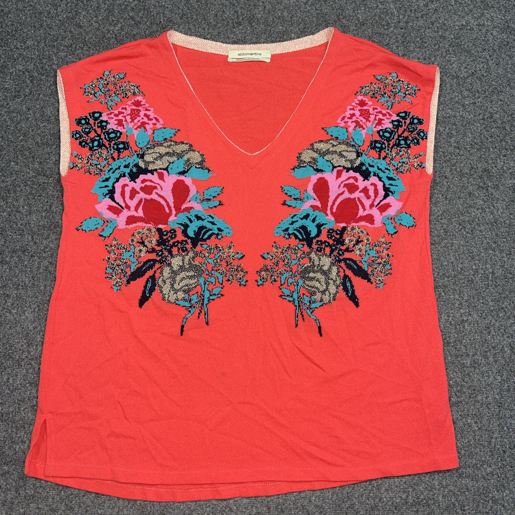 Women’s Aldo Martins Floral Knit Sweater SizeL- XL Coral Red Wool Blend