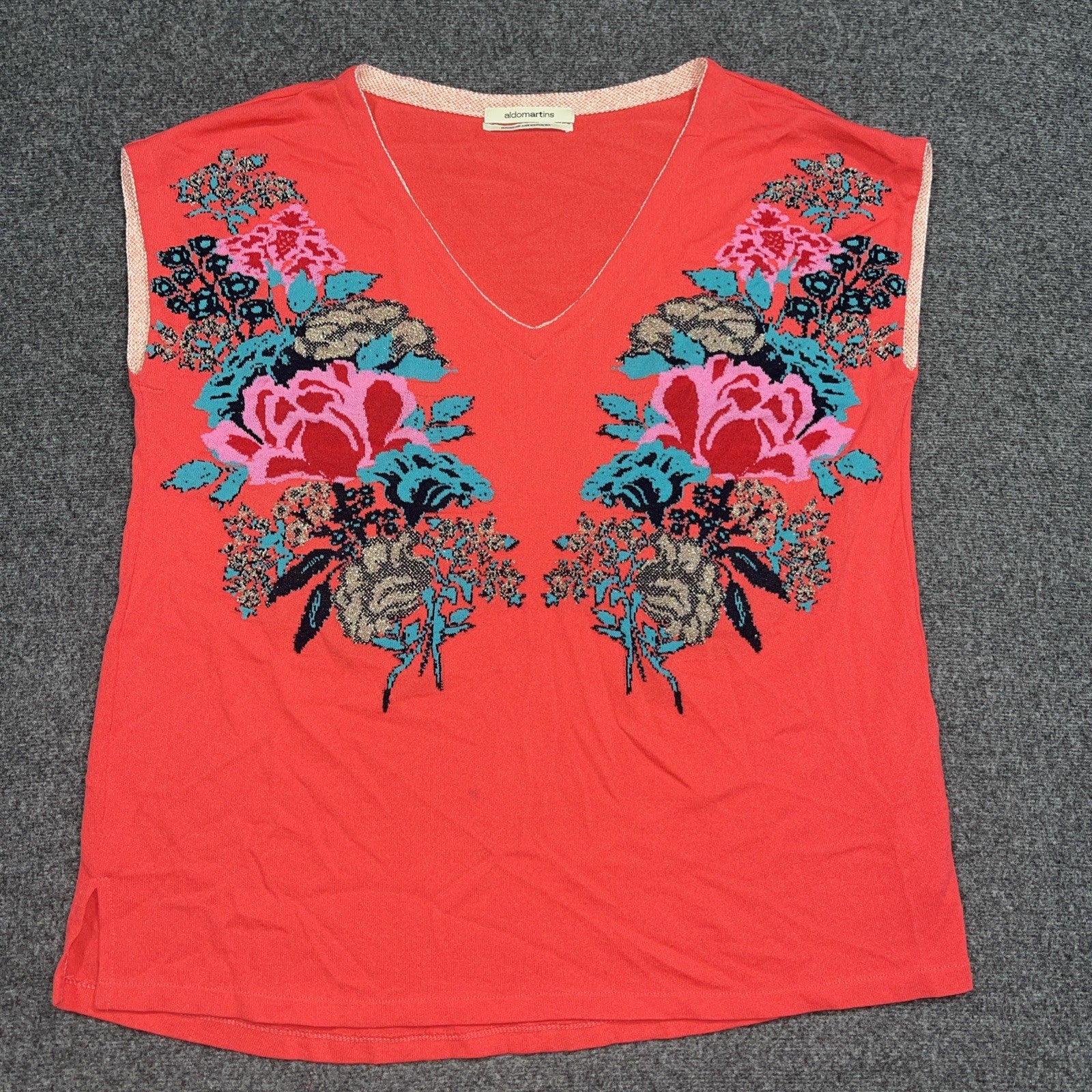 Women’s Aldo Martins Floral Knit Sweater SizeL- XL Coral Red Wool Blend