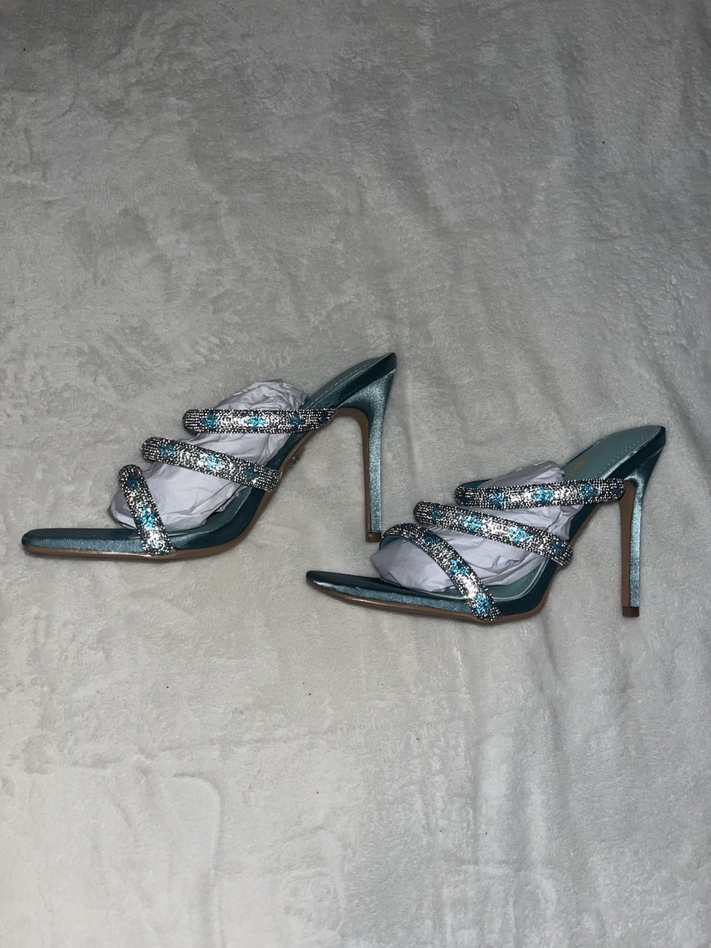 Fashion Nova Rhinestone Crystal Strappy Slip On High Heel Sandals Blue 8 Womens 