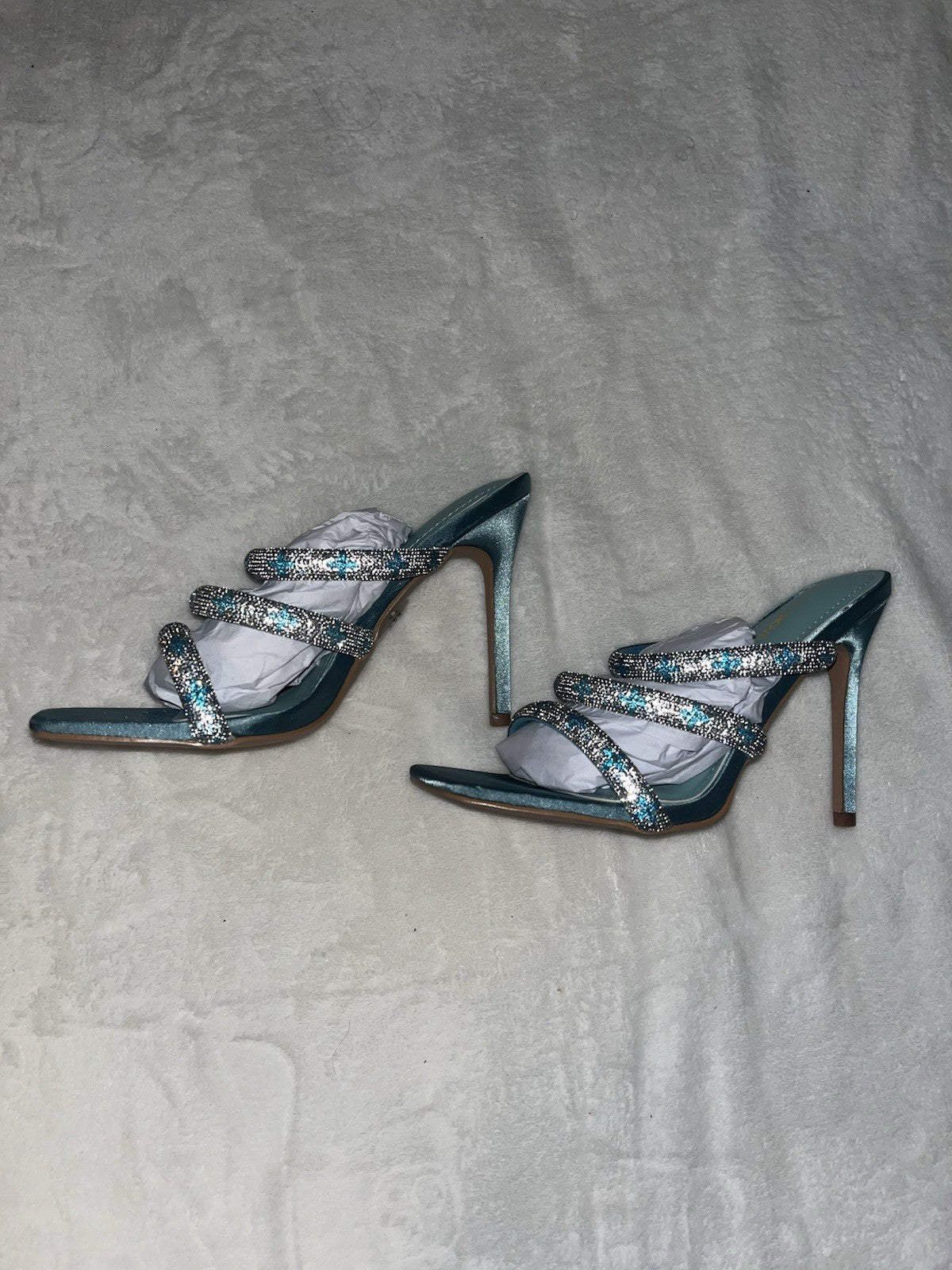 Fashion Nova Rhinestone Crystal Strappy Slip On High Heel Sandals Blue 8 Womens 