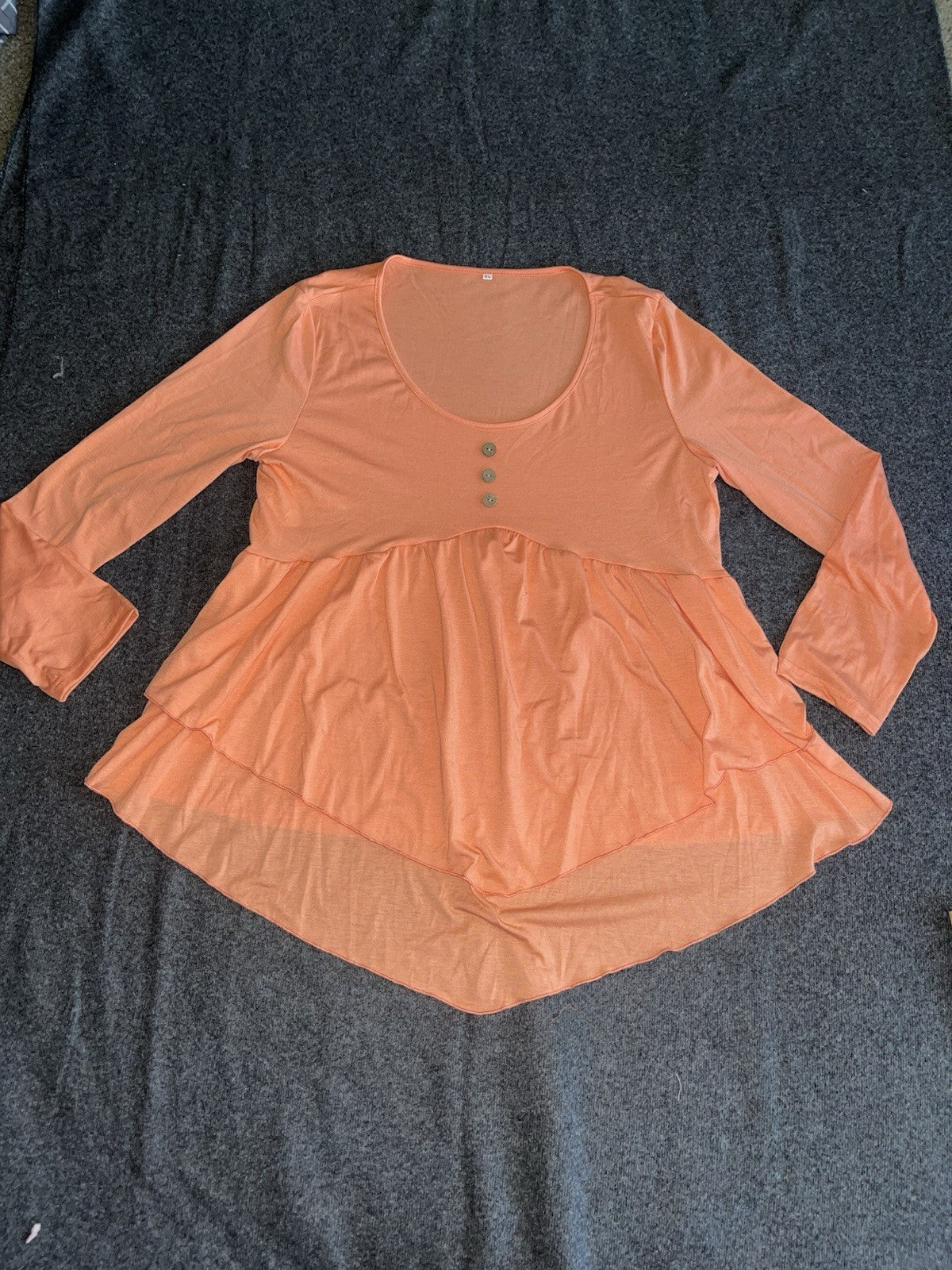 Women’s Blouse Peplum Crew Neck Orange XL Buttons Ruffle 