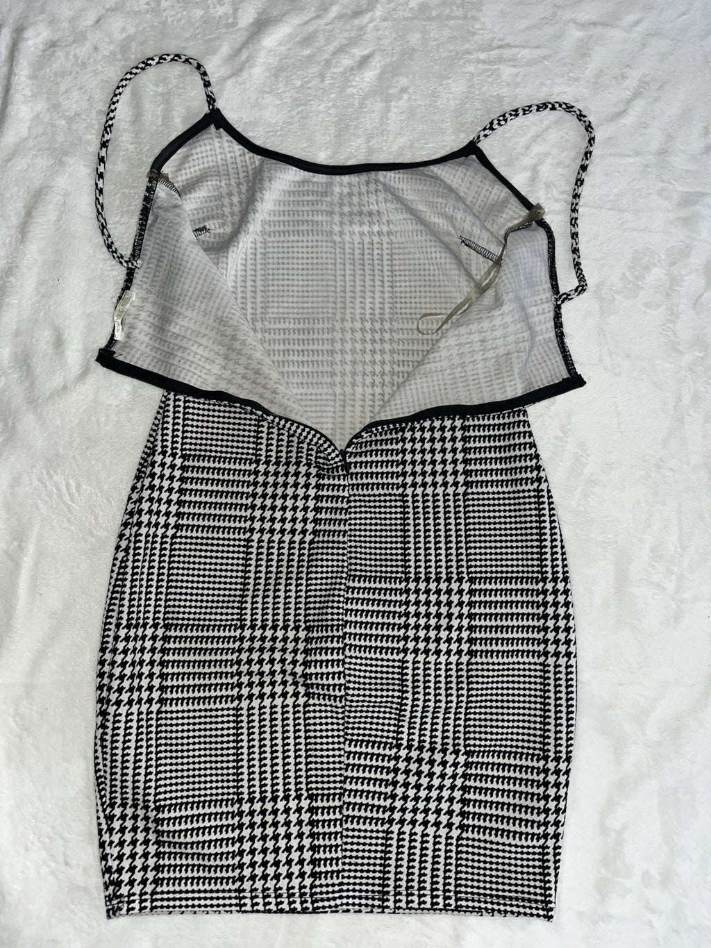 Houndstooth Mini Dress Black&White 95% Polyester 5% Spandex Spaghetti Straps USA