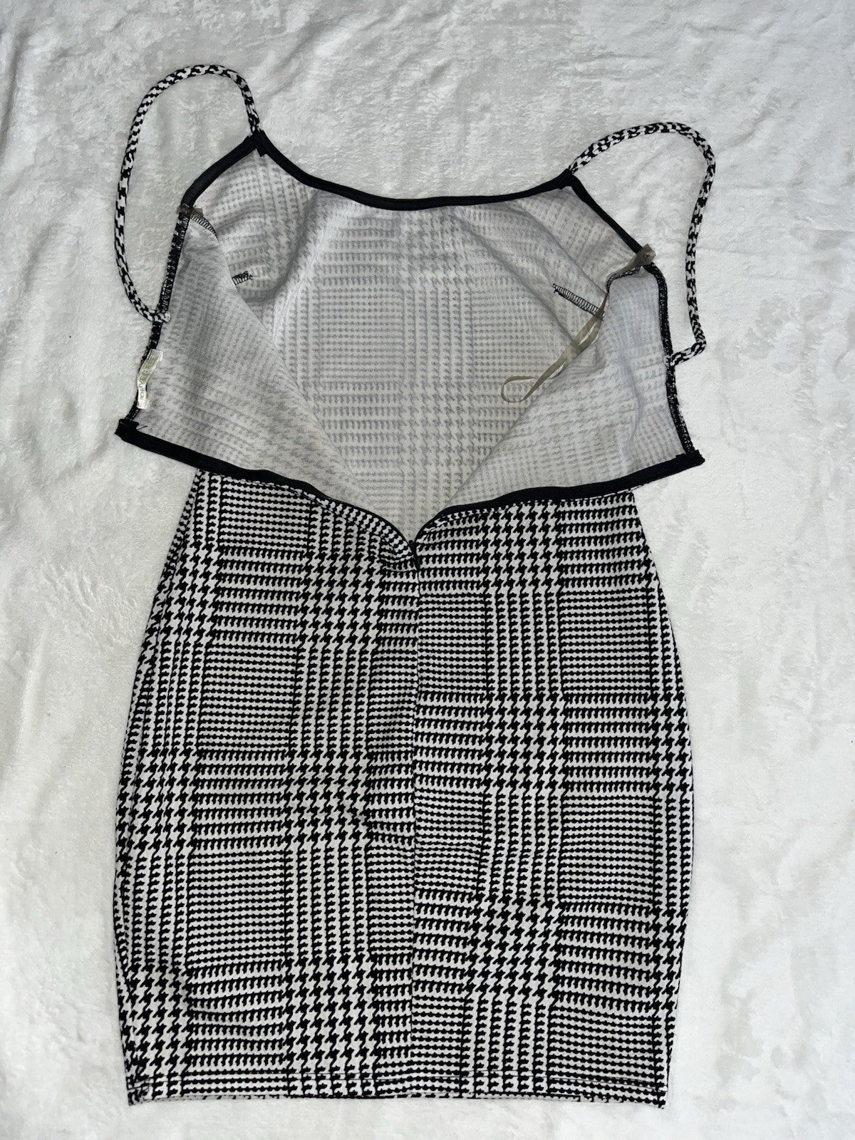 Houndstooth Mini Dress Black&White 95% Polyester 5% Spandex Spaghetti Straps USA