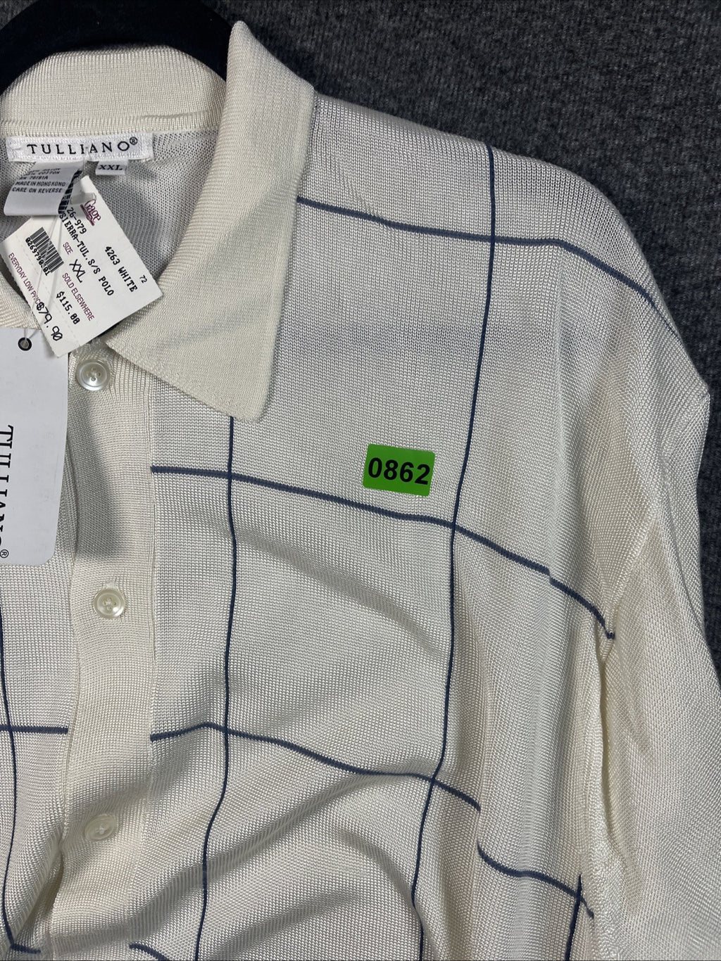 Tulliano Men's Short-Sleeve Knit Polo Shirt XXL NWTs Grid Design Rayon Cotton 