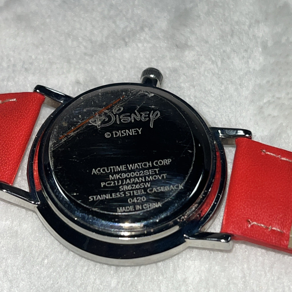 Disney Mickey Mouse Watch Roman Numeral Red Band Unisex Silver Round Leather