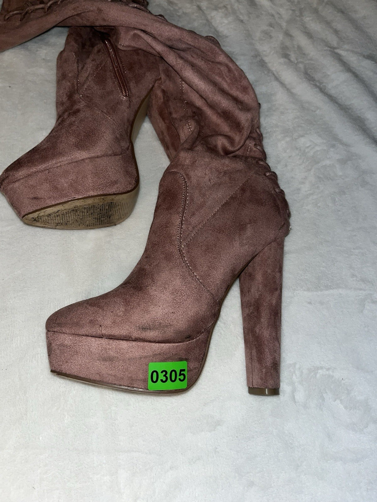 Rose Pink Faux Suede Over the knee Platform Boots Lace Back Size 8